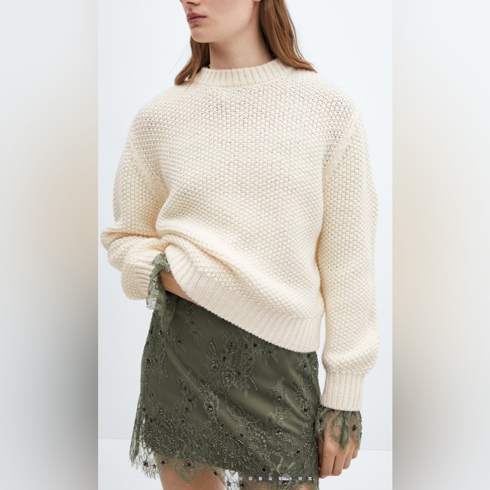 Mango Roundneck Knitted Minimalist Cream Cable Wool Blend‎ Sweater Size Small